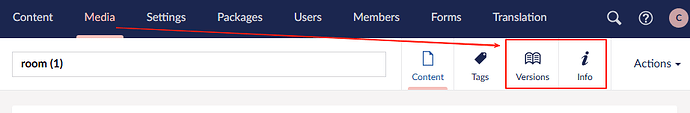 The screenshot shows a web interface with the "Media" tab selected, and a red arrow and box highlight the "Versions" and "Info" options for "room (1)". (Captioned by AI)