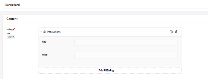 The image shows a user interface for adding translations, with fields for "Key" and "Text" under a section titled "Translations," and a button to "Add UIString." (Captioned by AI)