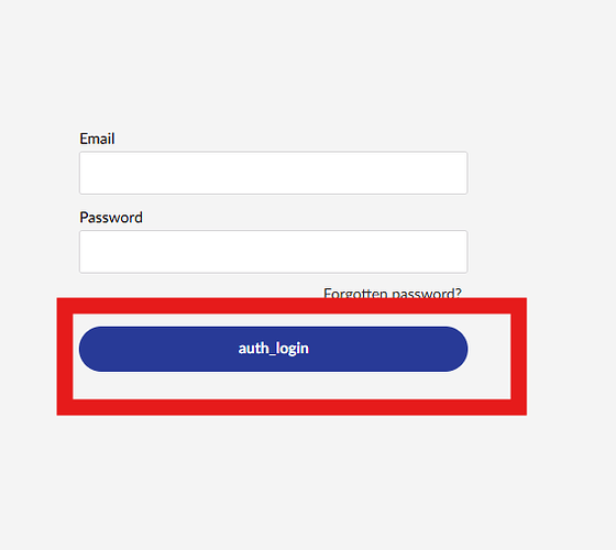 The image shows a login screen with fields for email and password, a "Forgotten password?" link, and a blue "auth_login" button highlighted by a thick red border. (Captioned by AI)