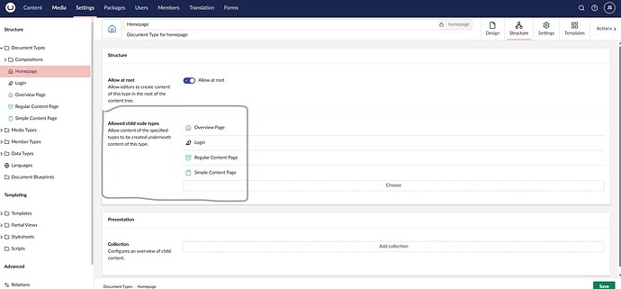 This image shows the structure settings for a homepage in a content management system, where administrators can define allowed child node types, allowing content of specific types to be created beneath the homepage. (Captioned by AI)