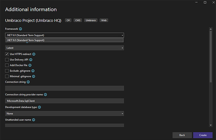 This screenshot displays a setup window for an Umbraco project with various options and settings, including framework selection, HTTPS redirection, database configuration, and other project-related choices, presented in a dark theme with "Back" and "Create" buttons at the bottom. (Captioned by AI)