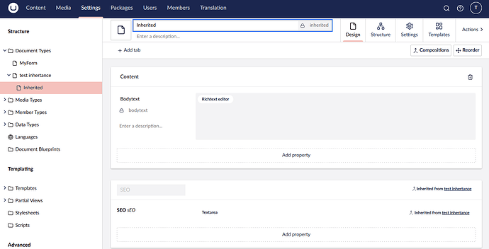The screenshot shows the user interface for the "Inherited" document type, with "Content" and "SEO" tabs displaying various properties and editors, as well as an option to add more properties. (Captioned by AI)