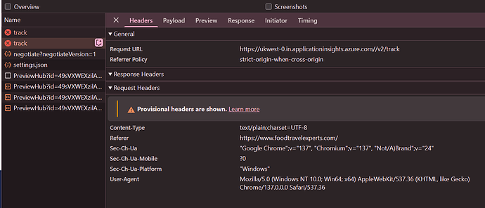 The screenshot shows the "Headers" tab of a web browser's developer tools, displaying details of a network request to "https://ukwest-0.in.applicationinsights.azure.com//v2/track", including the request URL, referrer policy, response headers, and request headers such as Content-Type, Referer, and User-Agent. (Captioned by AI)