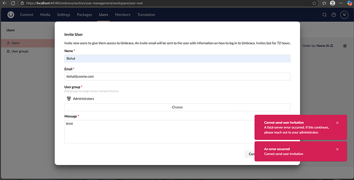 The screenshot shows a "Invite User" interface within the Umbraco content management system, populated with user details, and displaying error messages indicating a problem with sending the user invitation. (Captioned by AI)