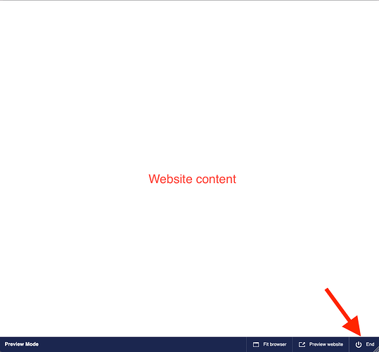 This image shows website content with an arrow pointing to the 'End' button in the 'Preview Mode' toolbar at the bottom of the screen. (Captioned by AI)