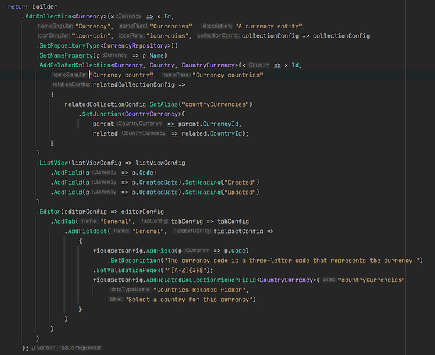 A screenshot displays computer code that defines properties and relations for a Currency entity, including its code, the countries it's related to, and configuration for list and editor views. (Captioned by AI)