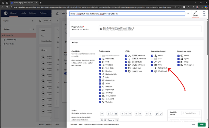 A screenshot displays the settings for a Rich Text Editor in a content management system, highlighting options for text formatting, HTML elements, interactive elements such as 'Trailing Node', and embeds and media. (Captioned by AI)