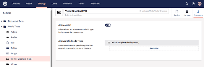 A settings page shows options for Vector Graphics media type including whether to allow it as a root media type and which node types can be used as children. (Captioned by AI)