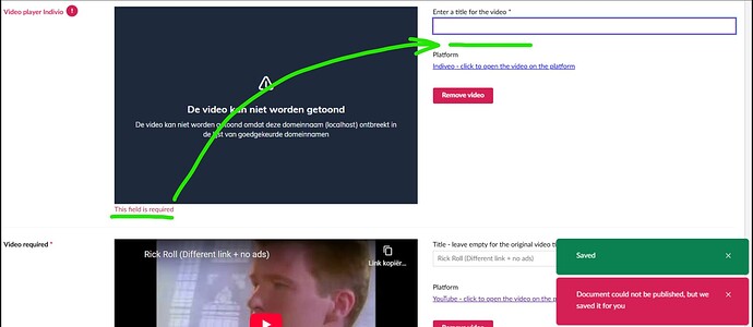 The screenshot shows an error message and a required field on a video platform, likely related to a domain issue or missing video title. (Captioned by AI)