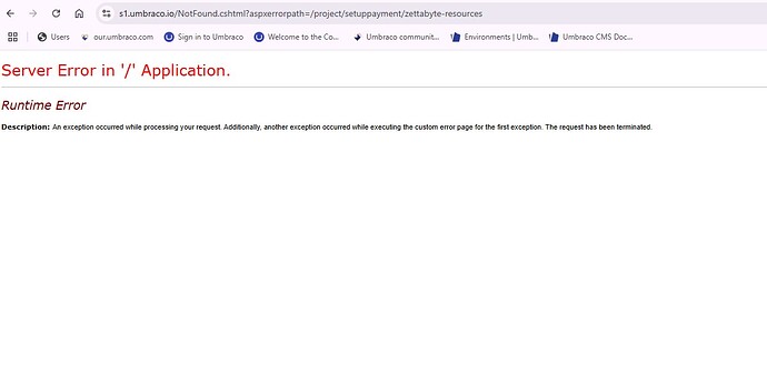 The webpage displays a "Server Error" and "Runtime Error," indicating an issue processing the request and executing the custom error page. (Captioned by AI)