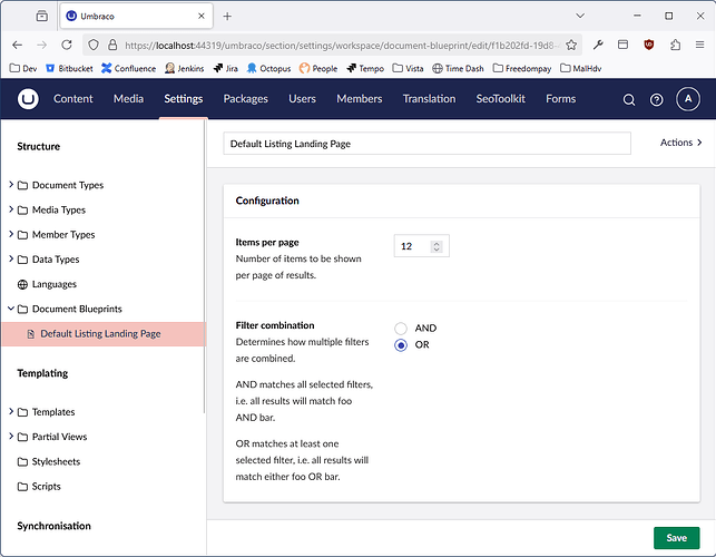 Screenshot of the blueprints section of the back-office, showing the fields' desired default values.