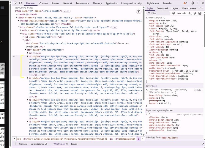 A screen capture shows the Chrome Developer Tools with the Elements tab open, displaying HTML code nested inside a body tag with style attributes for paragraphs. (Captioned by AI)