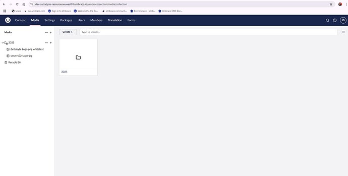 The Umbraco CMS is showing a 'Media' section with a folder named '2025' selected and an empty folder with the same name displayed in the content area. (Captioned by AI)