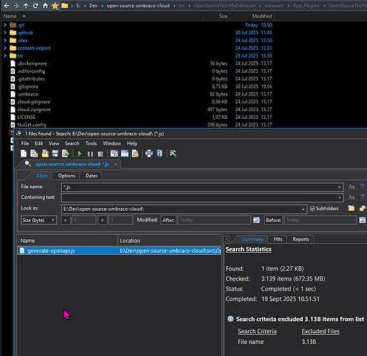 A file search in a software development environment has located a file named "generate-openapi.js" within a specified directory, as indicated by the search statistics panel. (Captioned by AI)