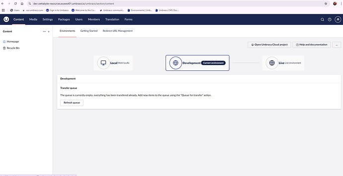 Screenshot of the Umbraco content management system interface, showing environments linked from local, to development, to live. (Captioned by AI)