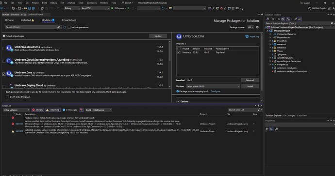 A screenshot of Visual Studio shows the NuGet Package Manager for an Umbraco project with error messages indicating package version conflicts and constraint violations during package restoration. (Captioned by AI)