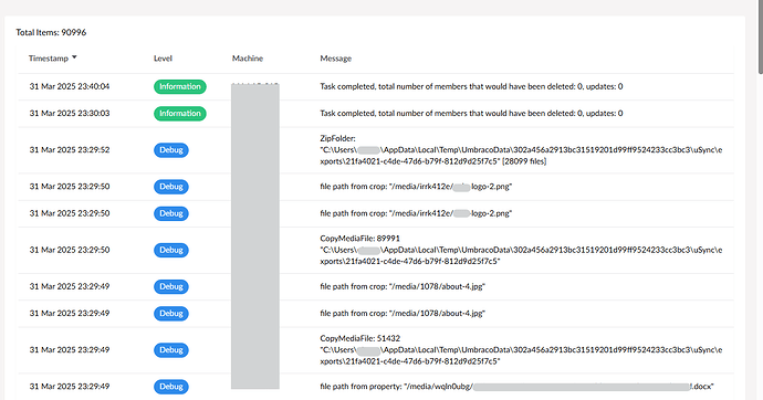 The image shows a debugging log from a computer program, displaying timestamps, levels (Information and Debug), and messages related to file paths, media copying, and task completions. (Captioned by AI)