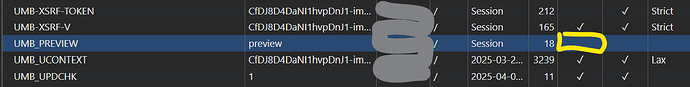 Application cookies for an Umbraco website, taken from Microsoft Edge's dev tools