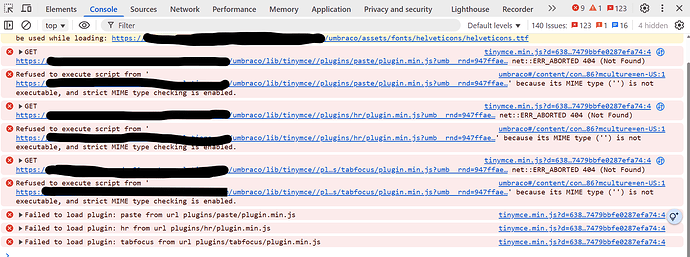 The web console displays numerous errors, including 404 (Not Found) errors for TinyMCE plugins and MIME type errors, indicating problems loading scripts and potentially missing files. (Captioned by AI)