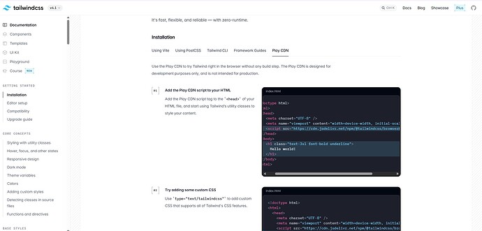 The image shows a webpage from the Tailwind CSS documentation, specifically the "Installation" section focusing on using Play CDN for development, illustrating how to add the necessary script to the HTML file and begin utilizing Tailwind's utility classes. (Captioned by AI)