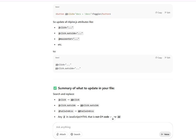 The image shows code snippets and instructions on how to update Alpine.js attributes, suggesting a search and replace strategy for HTML and JavaScript files. (Captioned by AI)
