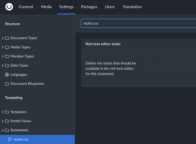 The image displays the "Rich text editor styles" settings for the "styles.css" stylesheet in the Umbraco content management system, allowing definition of styles for the rich text editor. (Captioned by AI)