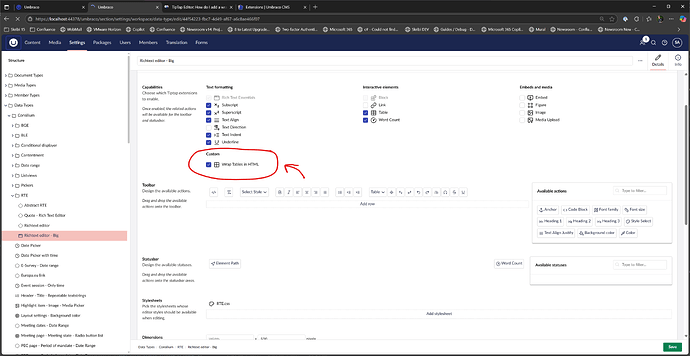 The image shows a screenshot of a web development interface with the settings for the Rich Text Editor, highlighting a custom option labeled "Wrap Tables in HTML." (Captioned by AI)