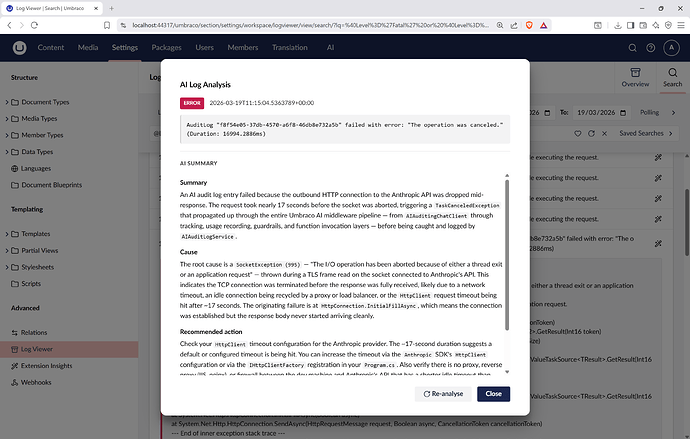 AI Log Analysis modal showing a summary, cause and recommended action for an error log entry