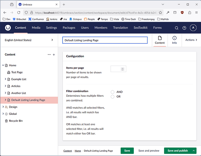 Screenshot of a content node in the back-office which has been just created with the same blueprint, showing the fields haven't been pre-populated with the chosen defaults