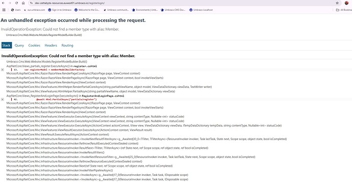 A screenshot shows an unhandled exception error in an Umbraco CMS environment, indicating a failure to find a member type with the alias "Member". (Captioned by AI)