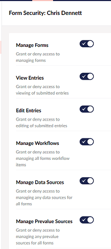 The image shows a form security panel for Chris Dennett, with toggles enabled for managing forms, viewing entries, editing entries, managing workflows, managing data sources, and managing prevalue sources. (Captioned by AI)