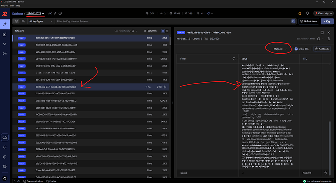 A computer screen displays a database management system interface, showing a list of keys and their associated values, which are encoded in a format that appears garbled or encrypted. (Captioned by AI)