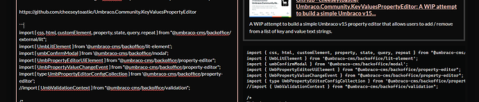 The image shows code snippets from a GitHub repository, indicating a work-in-progress attempt to build a simple Umbraco v15 property editor for managing key-value text strings. (Captioned by AI)