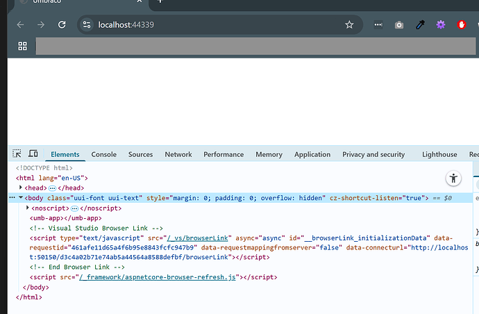 A screenshot of a Chrome browser's developer tools, showing the HTML code of a webpage running on localhost:44339, with the "Elements" tab selected. (Captioned by AI)