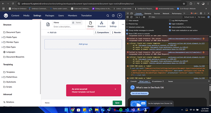Umbraco CMS displays an error "Master template not found" in the interface for creating a document type, while the Chrome developer console shows errors indicating "Could not create template" and "UUI-TAB needs a label." (Captioned by AI)
