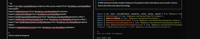 The image displays TypeScript code for a work-in-progress Umbraco v15 property editor that will allow users to add/remove key and value text strings from a list. (Captioned by AI)