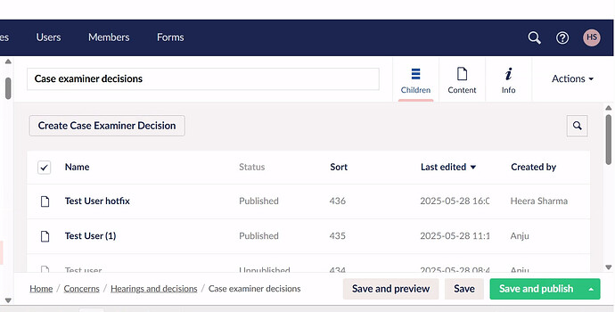 A webpage titled "Case examiner decisions" displays a list of test users with details like status, sort order, last edited date, and creator, along with options to create, save, and publish decisions. (Captioned by AI)