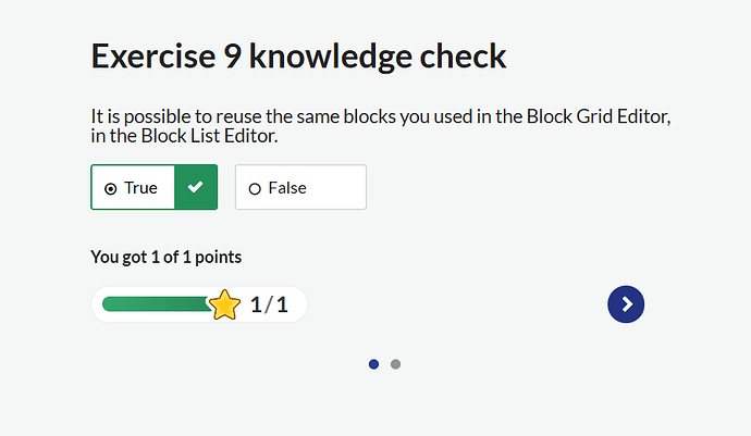 The image shows a completed knowledge check question with the correct answer "True" selected, earning the user a perfect score. (Captioned by AI)