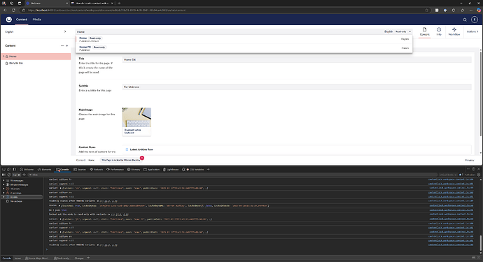 A browser window is split, showing a content management system above and developer console logs below. (Captioned by AI)