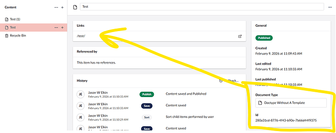 A screenshot of a newly created node without a template, it has a URL.