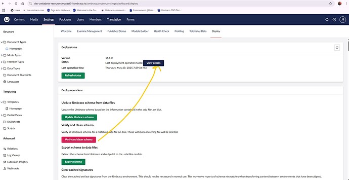 The screenshot shows the Umbraco deployment dashboard indicating a failed deployment operation with the option to view details. (Captioned by AI)
