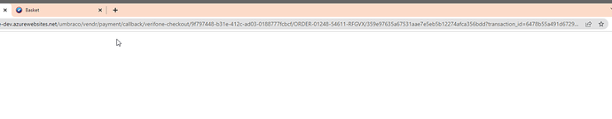 The image shows a browser window displaying a URL related to a payment callback for Verifone checkout with order and transaction IDs. (Captioned by AI)