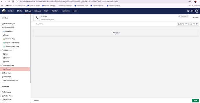 This screenshot shows the Umbraco content management system interface for editing a Member Type, displaying options for adding tabs and groups with Compositions and Reorder functions. (Captioned by AI)