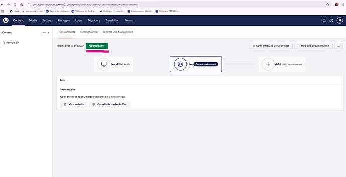 A screenshot of the Umbraco Content Management System (CMS) dashboard indicating the trial will expire in 14 days with a prompt to upgrade, and displaying the current environment as "Live" along with options to view the website or Umbraco backoffice. (Captioned by AI)