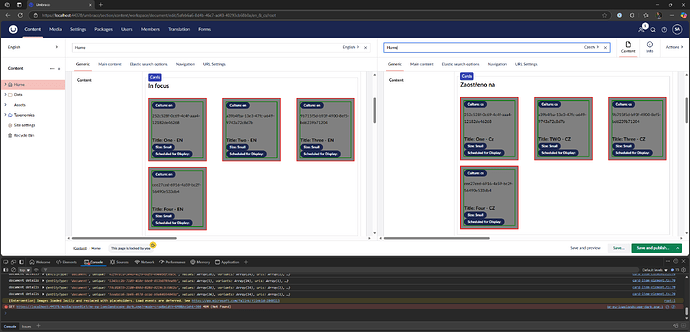This screenshot shows the user interface of a content management system, displaying content cards in both English and Czech languages with details such as title, culture, and scheduling status, and a console at the bottom logging potential errors or deferred events. (Captioned by AI)