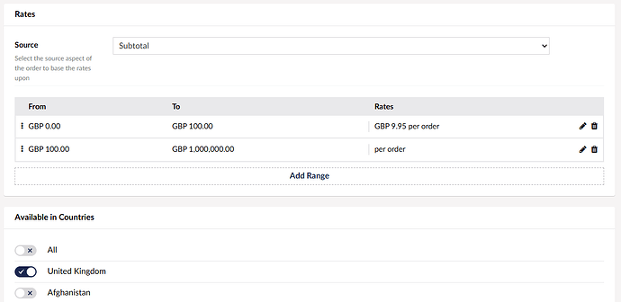 The image shows an interface for setting rates based on order subtotal, with specified rates for different value ranges and availability limited to the United Kingdom. (Captioned by AI)