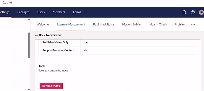 The image displays the "Examine Management" settings within a software interface, showing that only published values are included and protected content is not supported, with a tool to rebuild the index. (Captioned by AI)