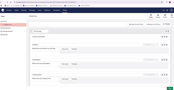 A screenshot shows the user interface of a web form design tool, displaying the structure of a "Waitlist Form" with fields for "Full Name," "Email Address," and "Company Name," each marked as mandatory and requiring a short answer input. (Captioned by AI)