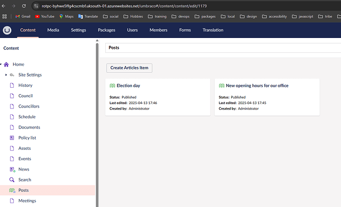 The image shows the "Posts" section of a content management system, featuring two published articles: "Election day" and "New opening hours for our office," both last edited on 2025-04-13 and created by the Administrator. (Captioned by AI)