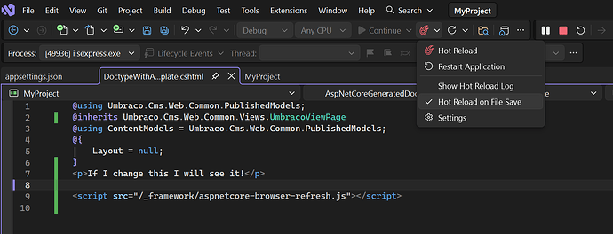 A screenshot of Visual Studio with the Hot Reload menu open